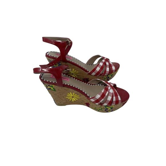 Betsey Johnson Traci Platform Wedge Sandals Red Multi Gingham Floral - Picture 6 of 8
